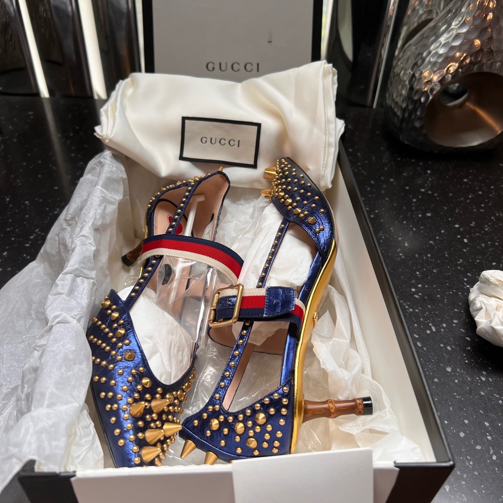 Gucci Women's Blue and Gold Studded Heels